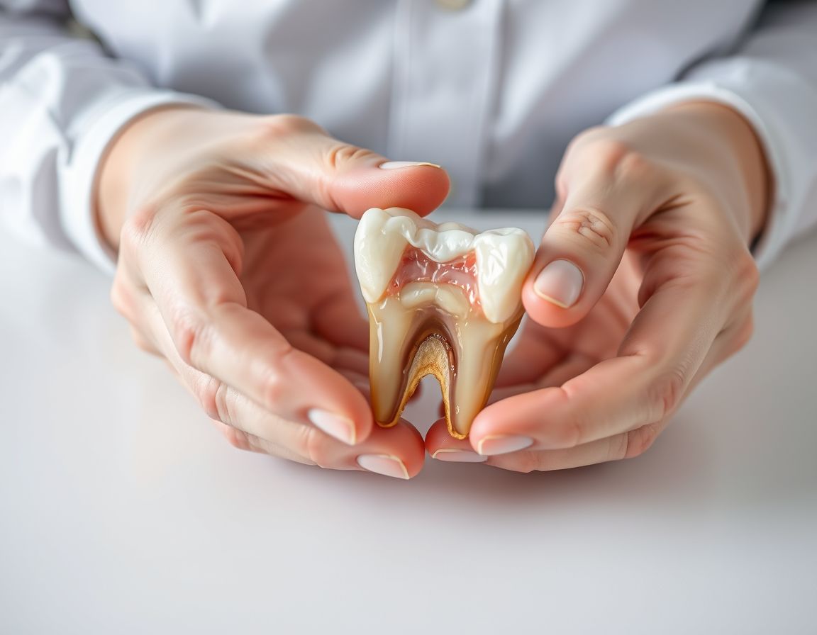 Hand holding a knocked-out tooth by its crown