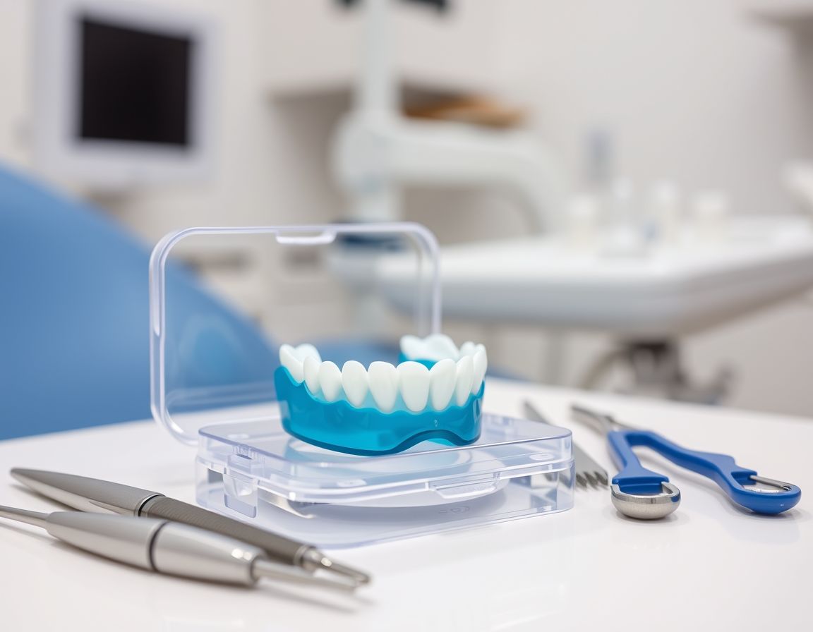 Custom-fitted sports mouthguard in a case on a dentist desk
