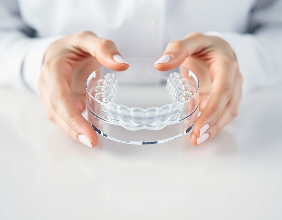A transparent clear aligner tray held in hand
