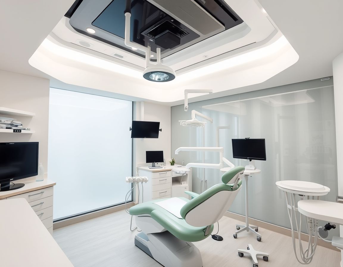 Modern dental treatment room with chair and overhead light
